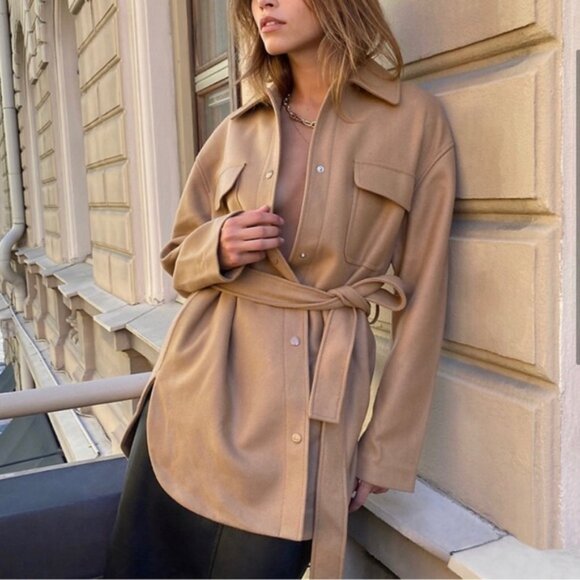 Wilfred aritzia Rialto Shirt Jacket Belted Wool Shacket Burnt Cedar Size M - Picture 2 of 5